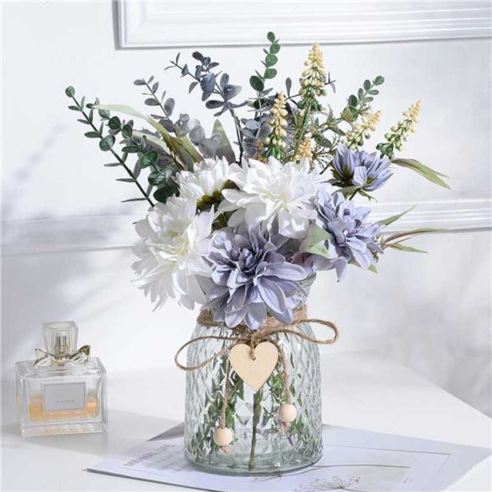 Fake Flowers Artificial Blue Flowers with Vase,Table Centerpieces for DiningRoom